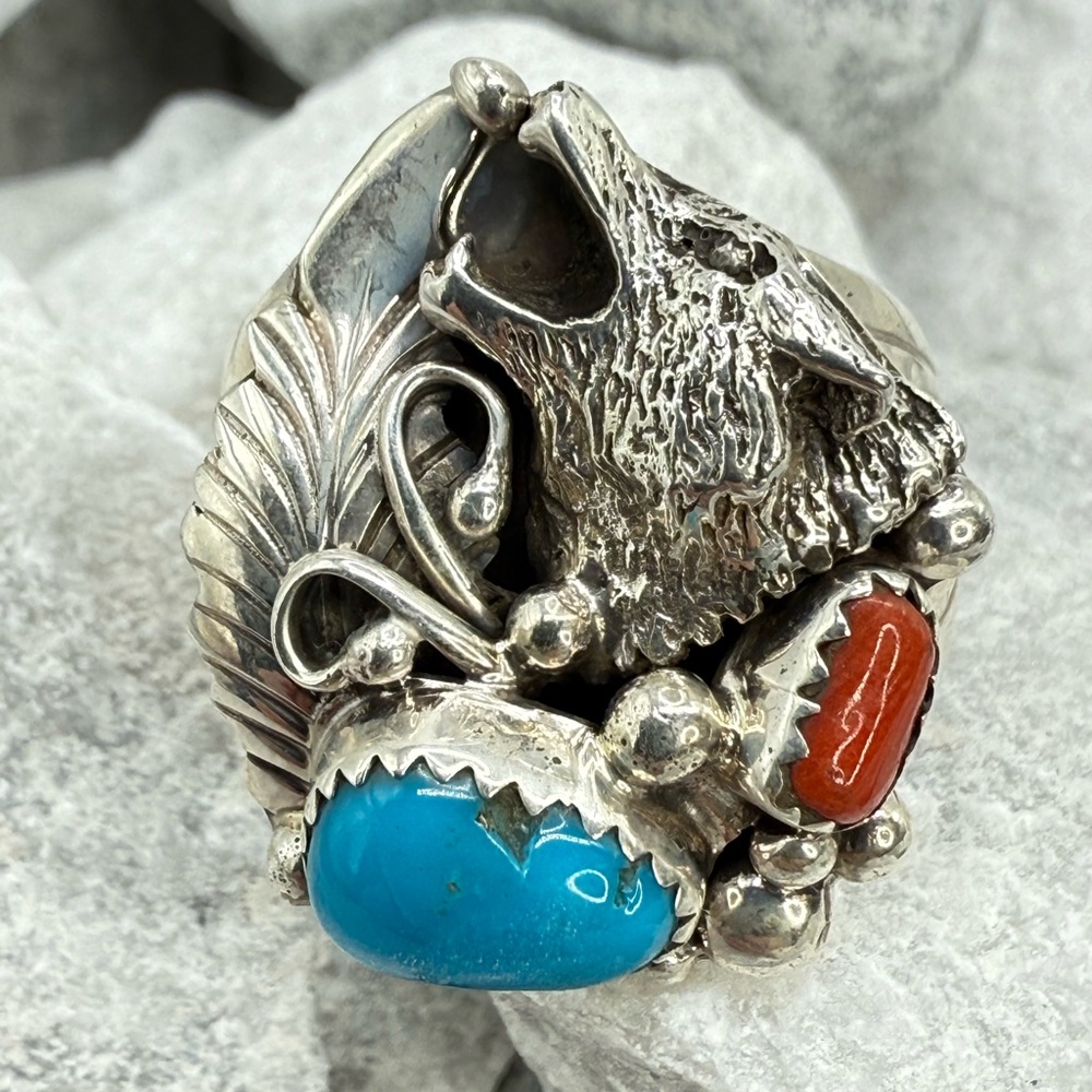 Navajo Sterling Silver Wolf Ring w/ Turquoise & Coral—Genevieve Francisco — 10.5